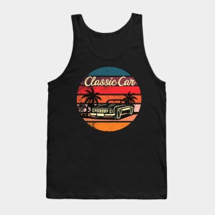 Retro car merch classic car retro  vintage aesthetic sunset circle with palms and mountains Tank Top